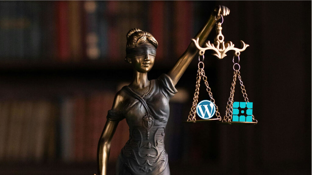 Statue of woman holding scales of justice balancing logos for WordPress and WP Engine